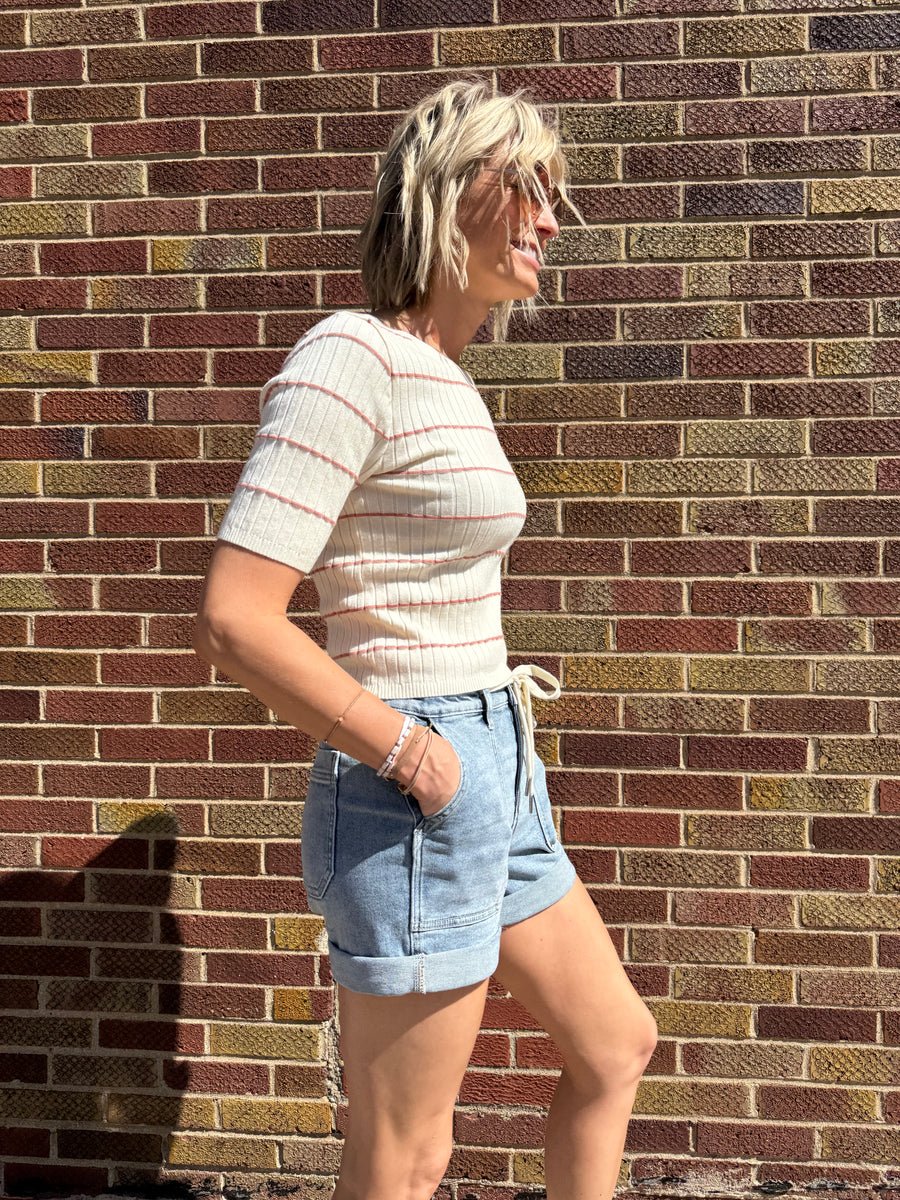 Round Neck Half Sleeve Striped Ribbed Top