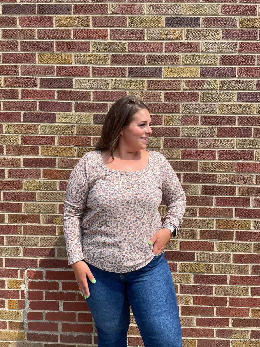 Plus Thermal Floral Button Henley LS