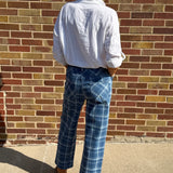 Plaid Print Drawstring Waist Wide Leg Denim Pants