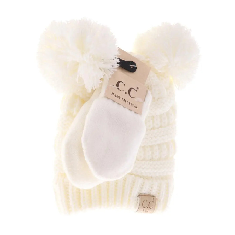 CC Baby Double Pom Solid Knit Beanie & Mitten Set