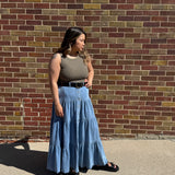 Denim Button Front Ruffle Hem Maxi Skirt