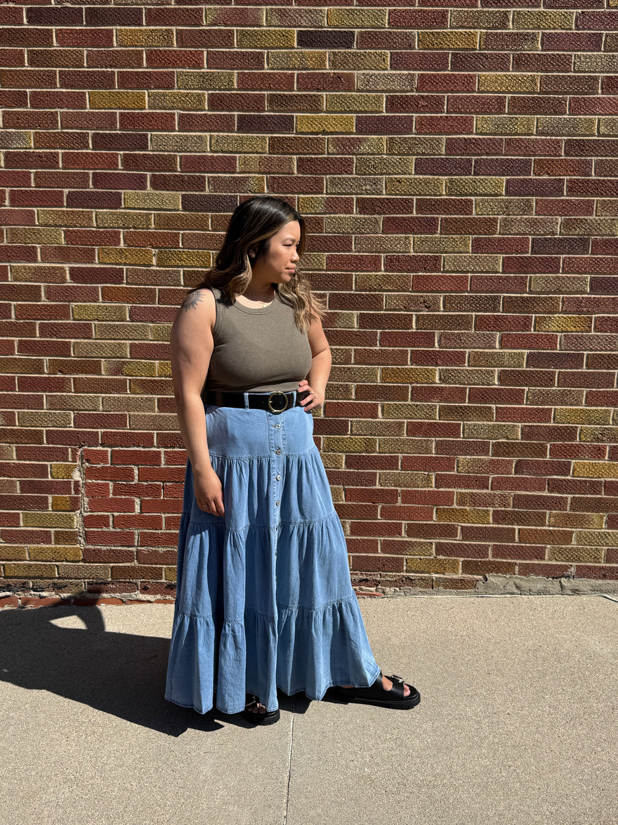 Denim Button Front Ruffle Hem Maxi Skirt