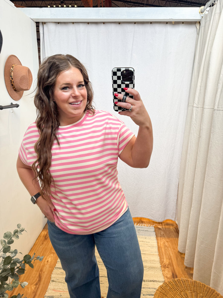 Pink/White Stripe Crew Neck Top