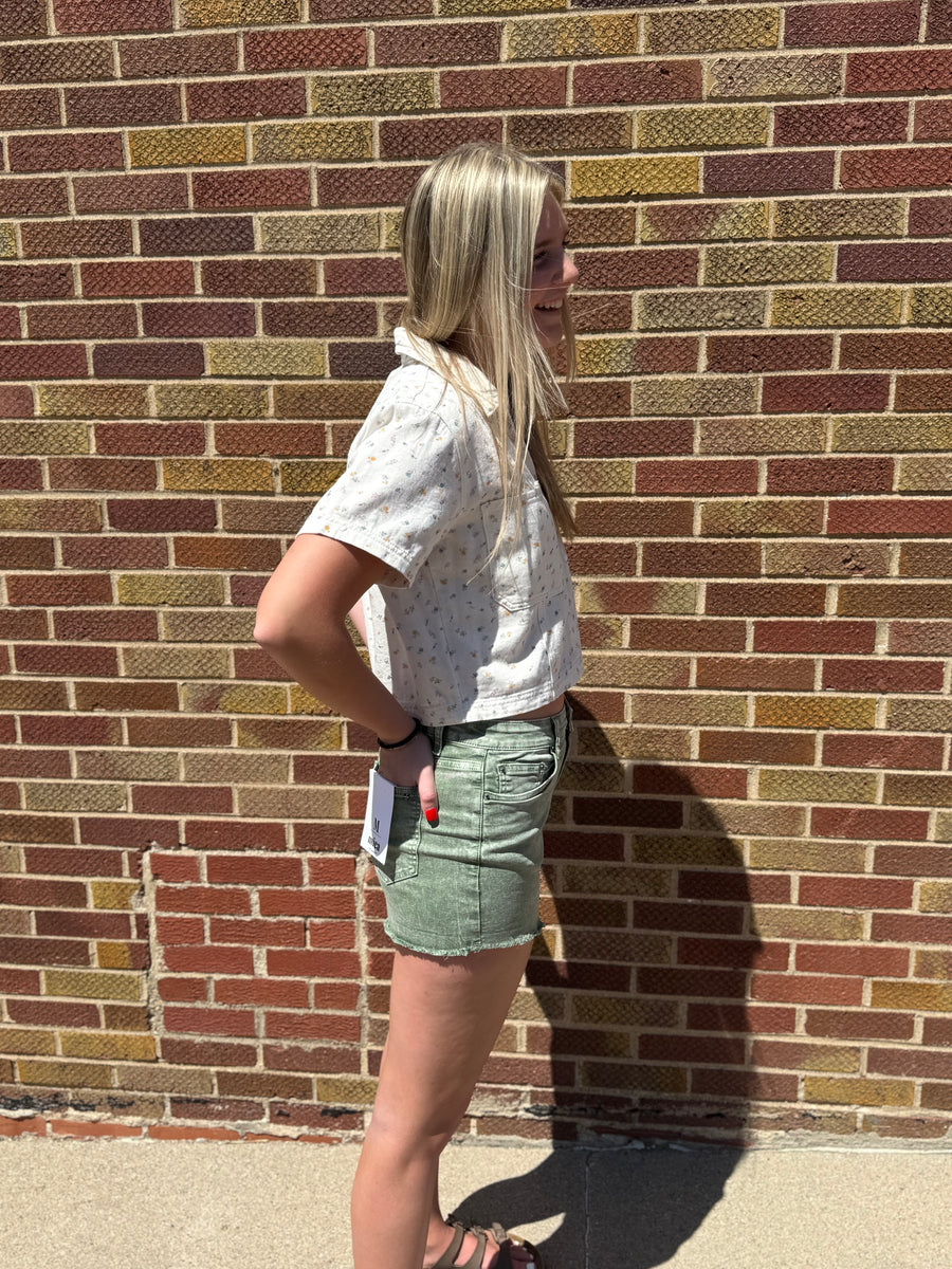 Off White Floral Denim Pullover Top