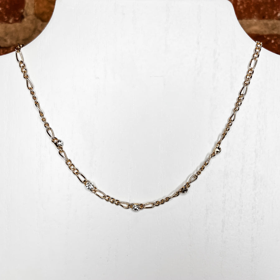 Gold Figaro Chain w/ Crystal Stations Necklace