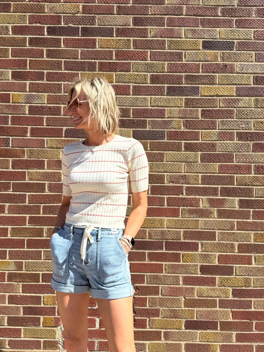 Round Neck Half Sleeve Striped Ribbed Top