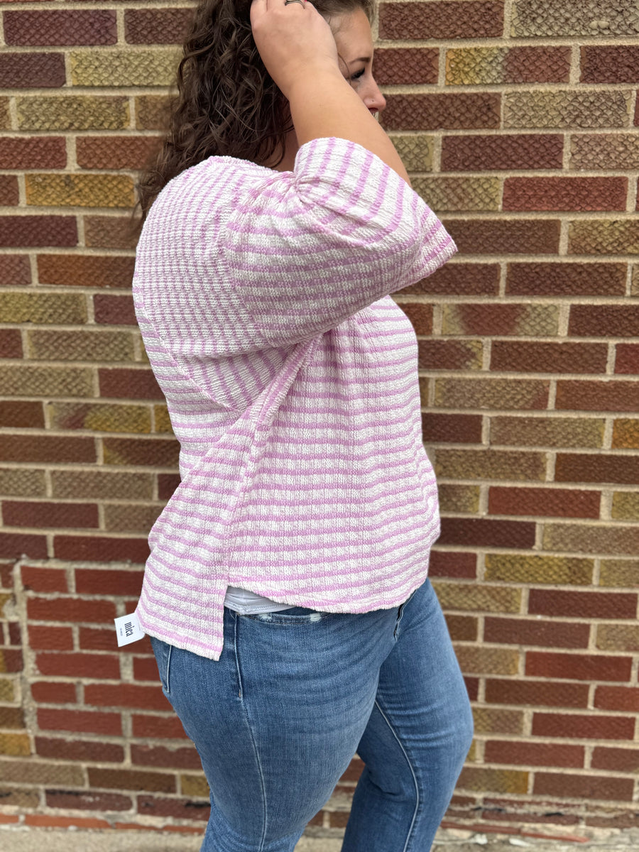 Textured Stripe Contrast Stitch Top