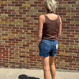 High Rise Clean Cut Raw Hem Vervet Denim Shorts