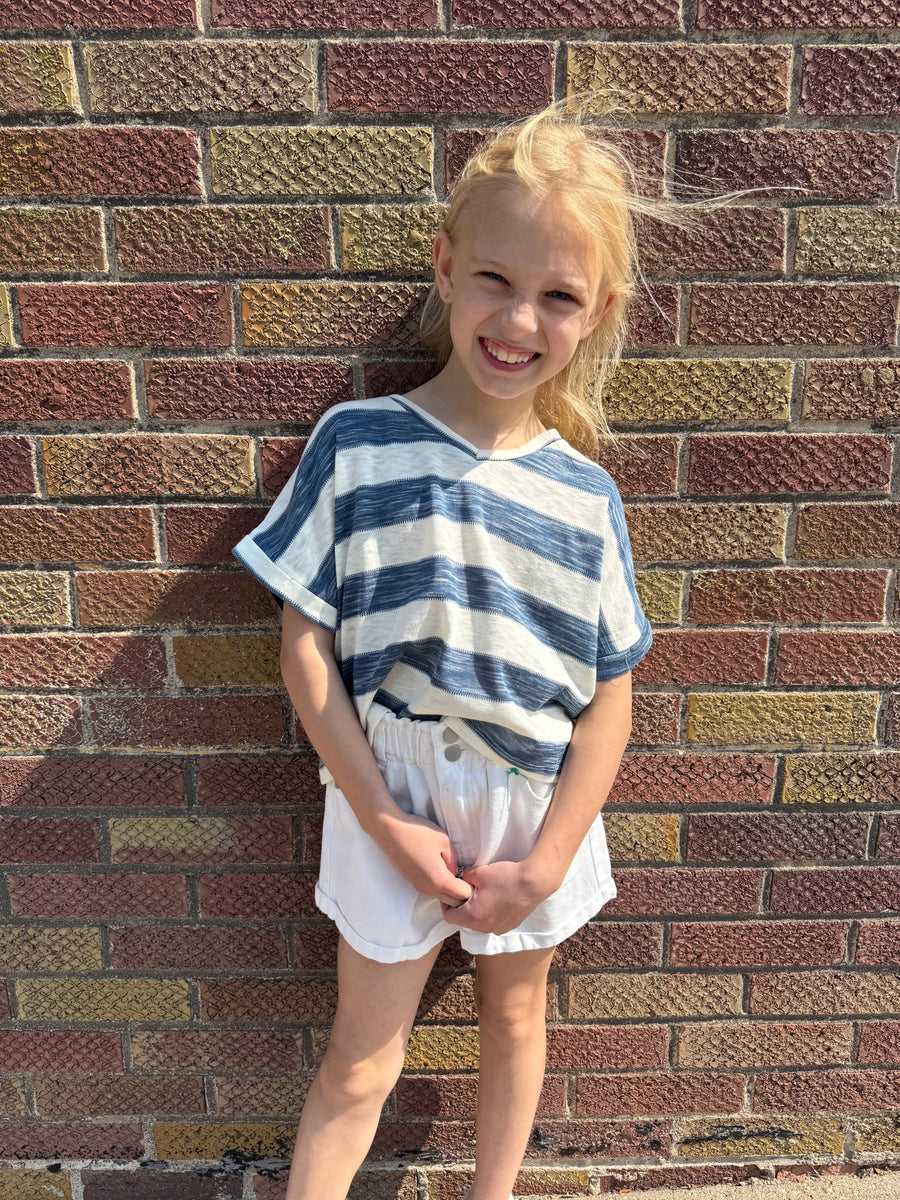 Girls Heathered Stripe V Neck Knit Top