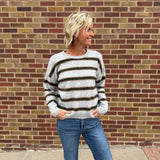 Heather Grey & Olive Striped Crew Neck w/ Center Seam Detail