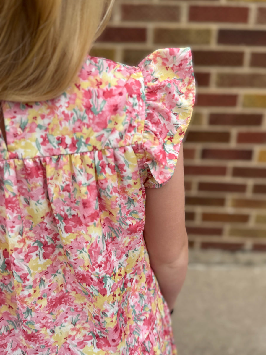 Girls Floral Ruffle Sleeve Tiered Dress
