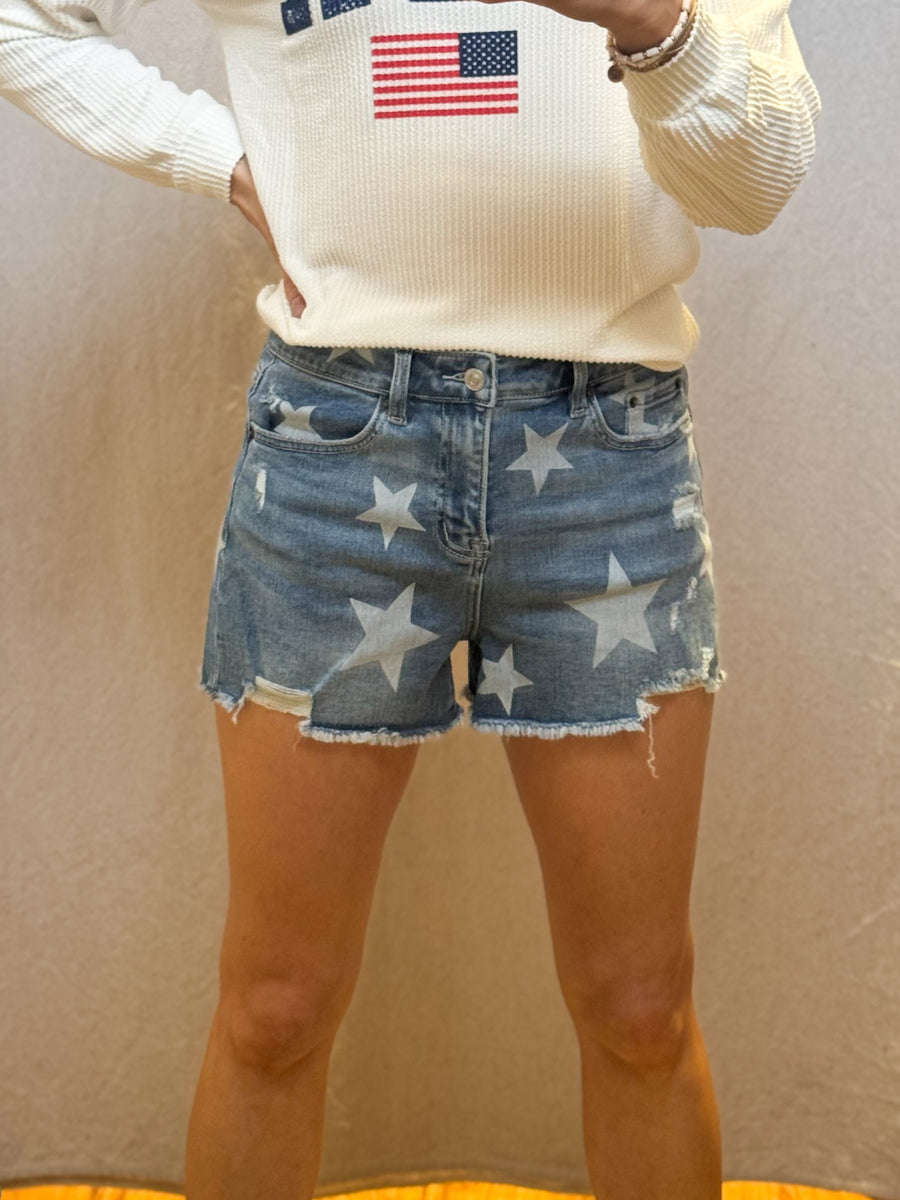 High Rise Star Distressed Mica Shorts