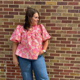 Plus Floral Satin Babydoll Top w/Bubble Sleeve