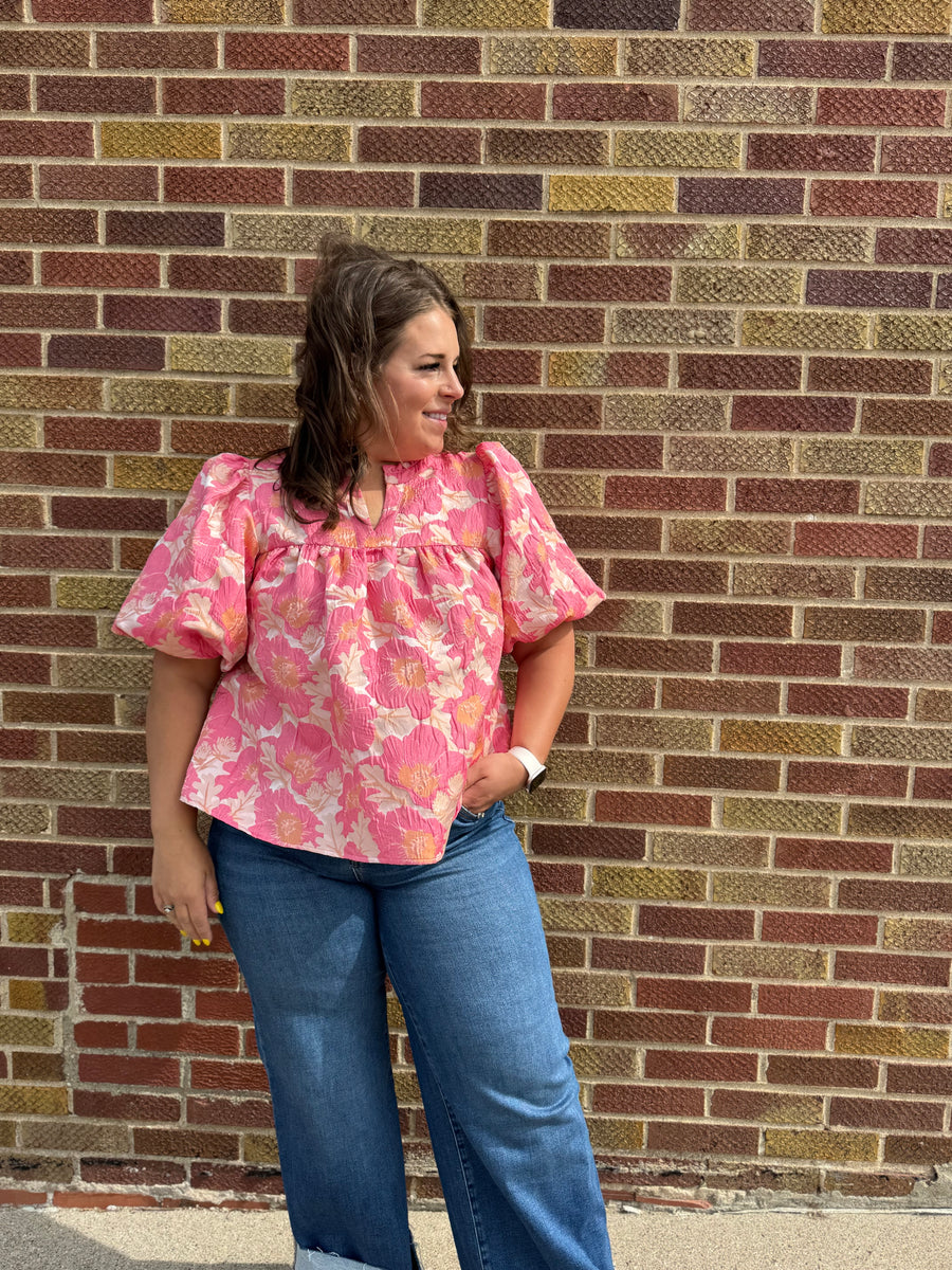 Plus Floral Satin Babydoll Top w/Bubble Sleeve