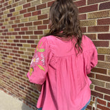 Plus Crinkled Top w/Embroidered Puff Sleeves