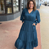 Plus Long Sleeve Split Neck Maxi Dress