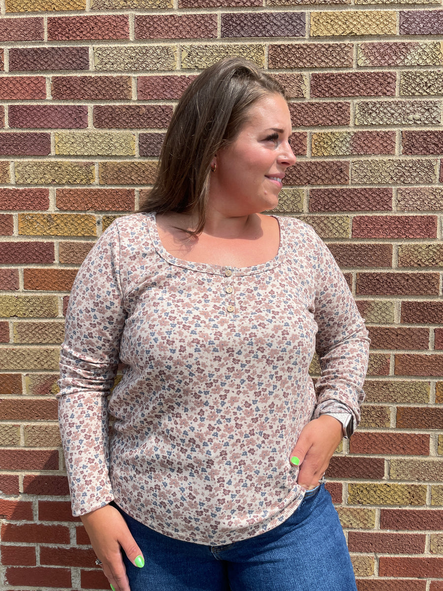Plus Thermal Floral Button Henley LS