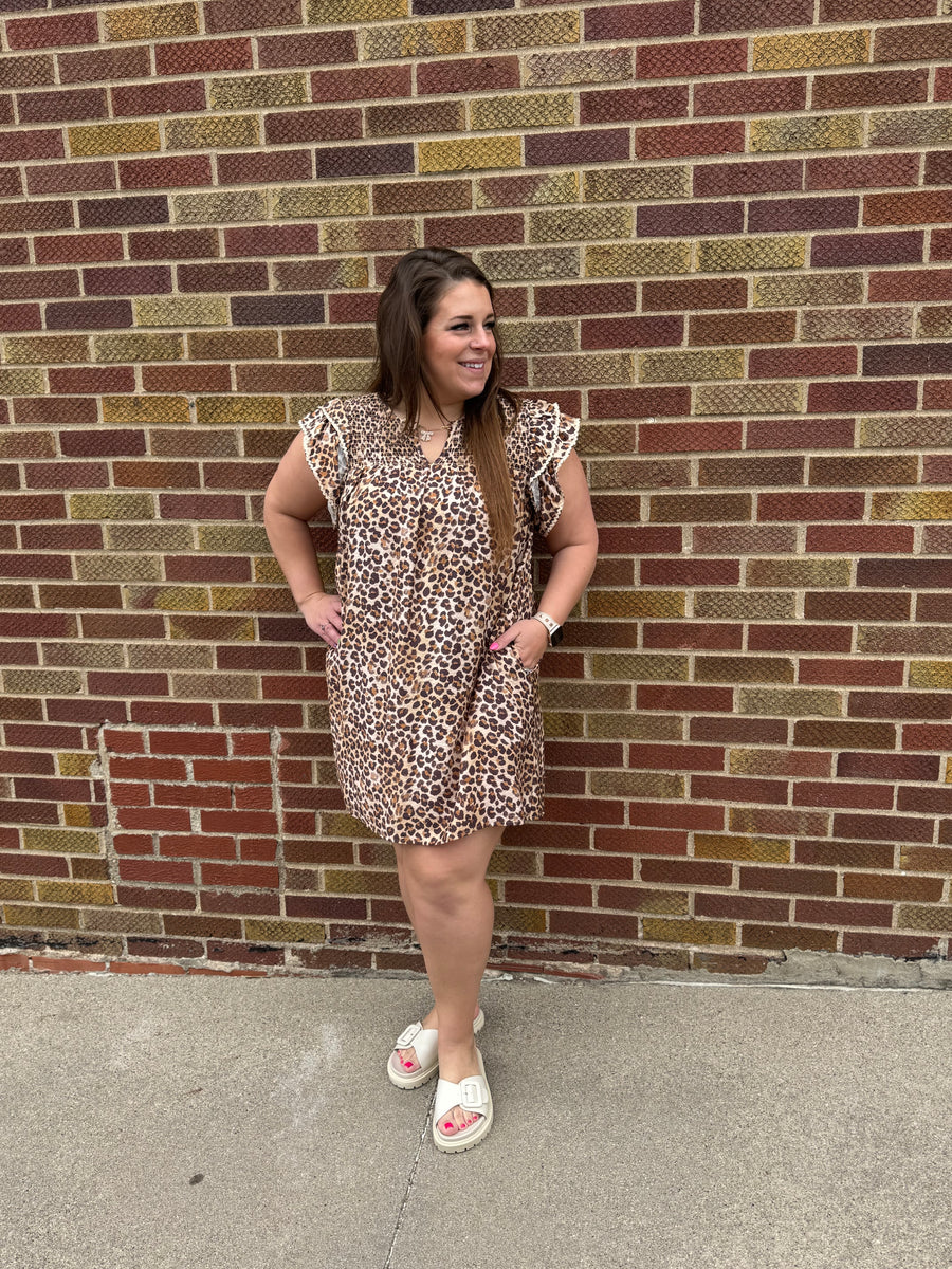 Leopard Ruffle Sleeve Dress w/Wave Trim