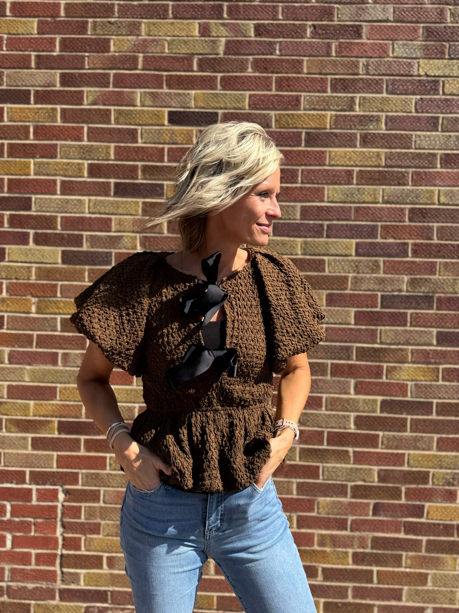 Textured Peplum Top w/Front Tie