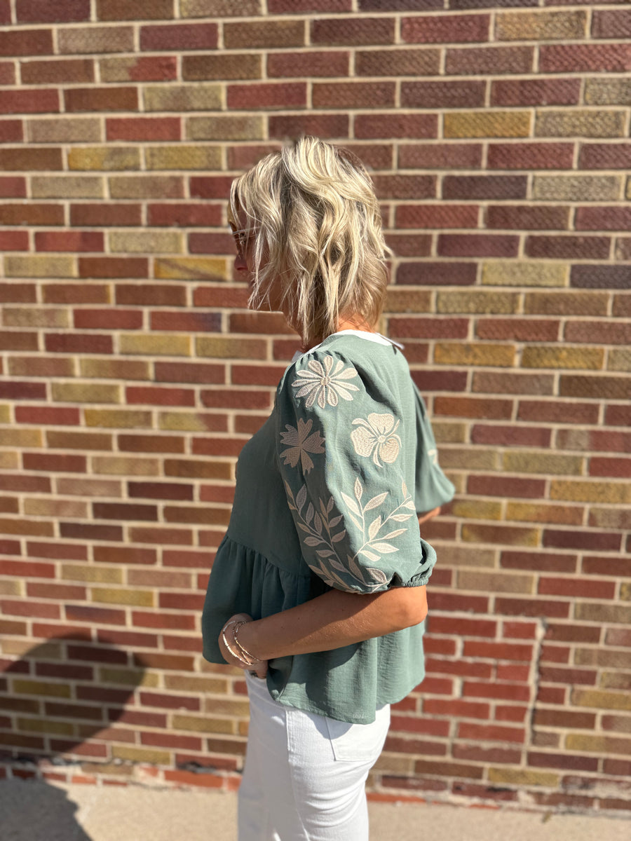 Solid Peplum Top w/Puff Embroidered Sleeve