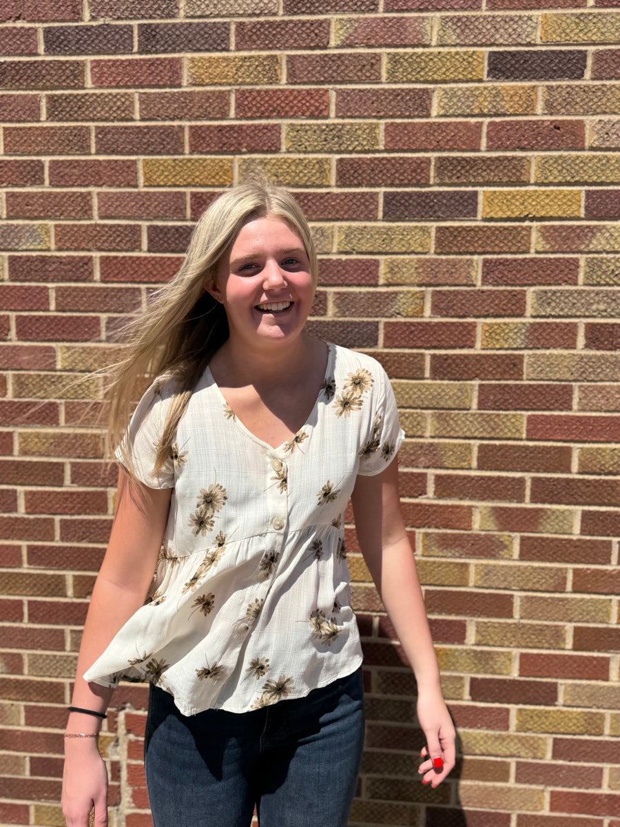 SS V-Neck Button Down Floral Print Top