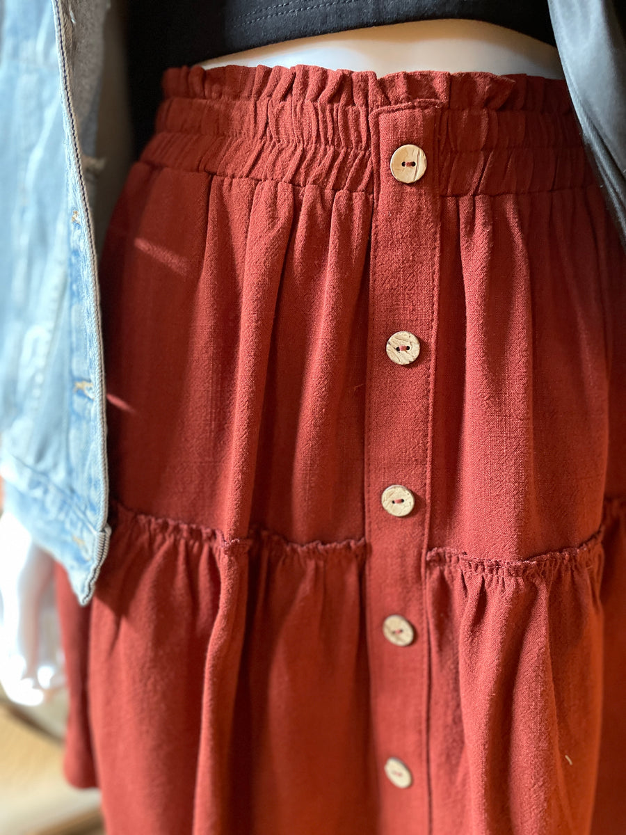 Elastic Waist Tiered Button Front Skirt