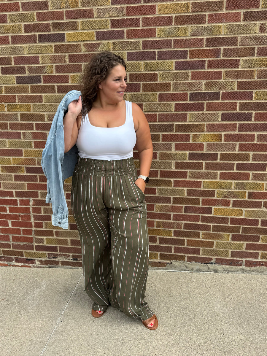 Plus Woven Stripe Elastic Smocking Pants