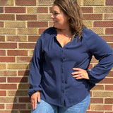 Plus Button Down Ruffle Neck Top
