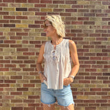 Pleat Tie Front Sleeveless Top