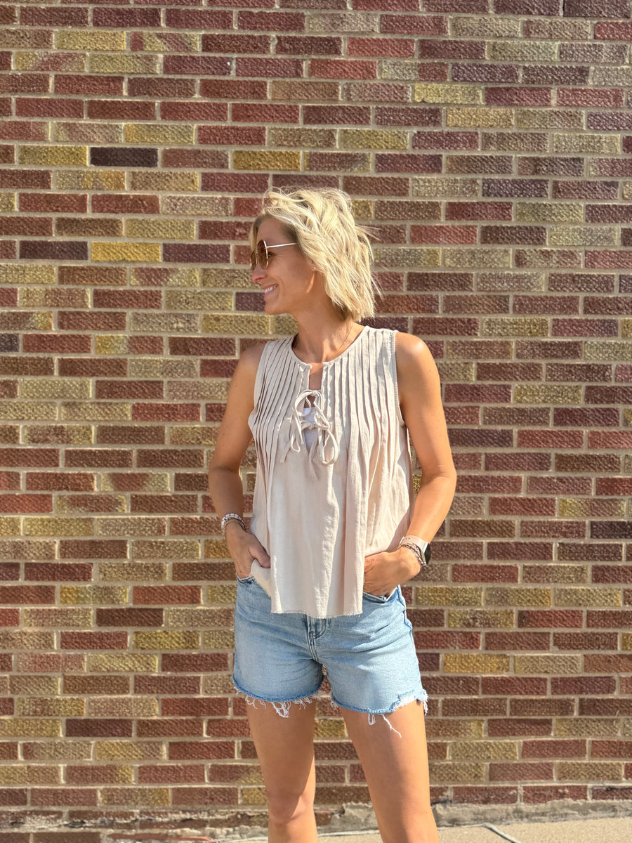 Pleat Tie Front Sleeveless Top