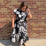 Plus Black Floral Print Dress w/Flutter Sleeve