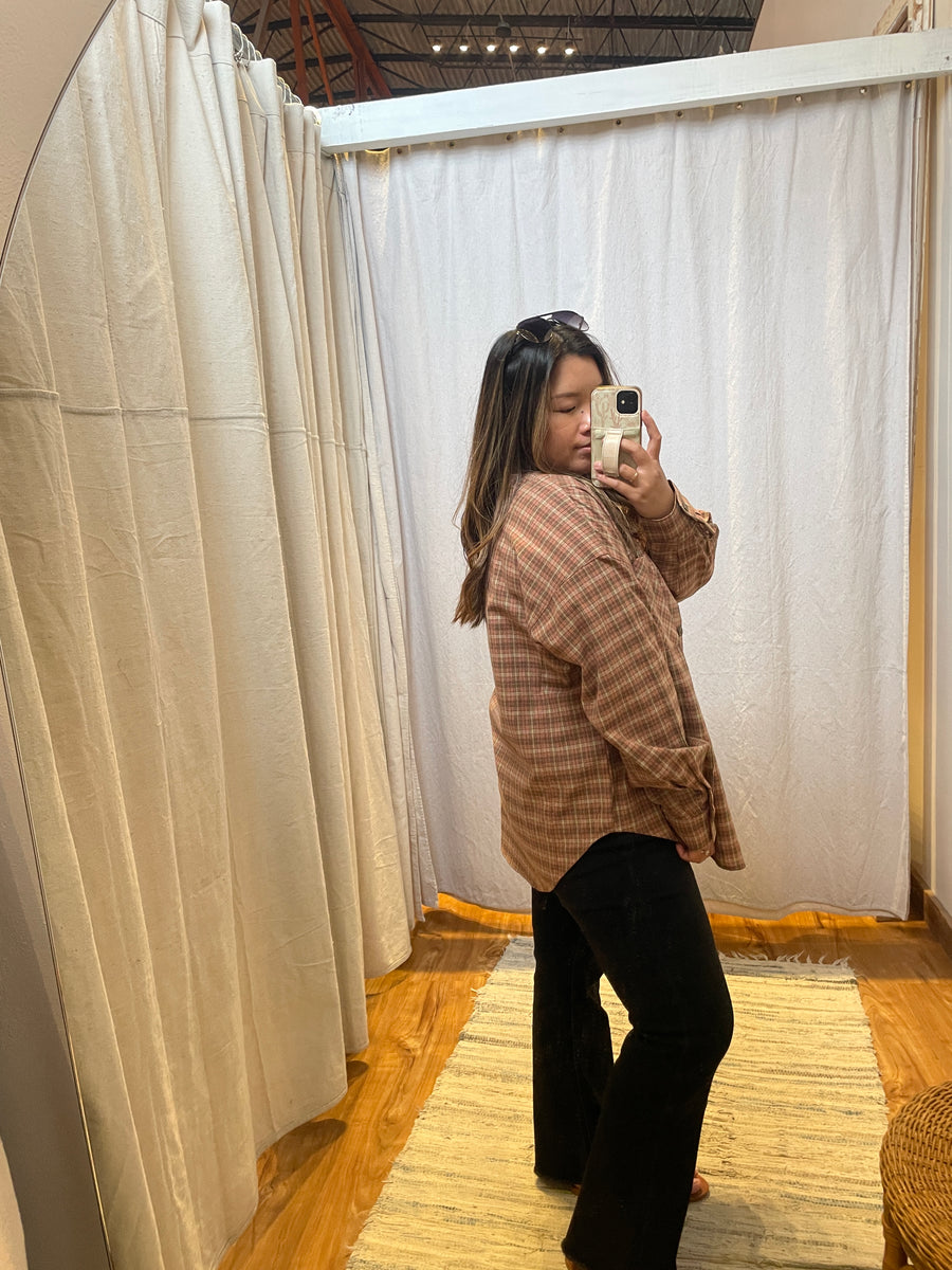 Oversized Button Down Plaid Shirt w/ Front Pockets