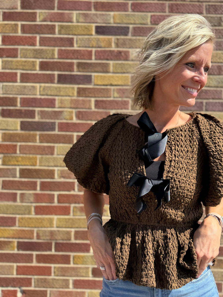 Textured Peplum Top w/Front Tie