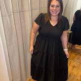 Plus Flutter Sleeve V Neck Smocked Midi Dress