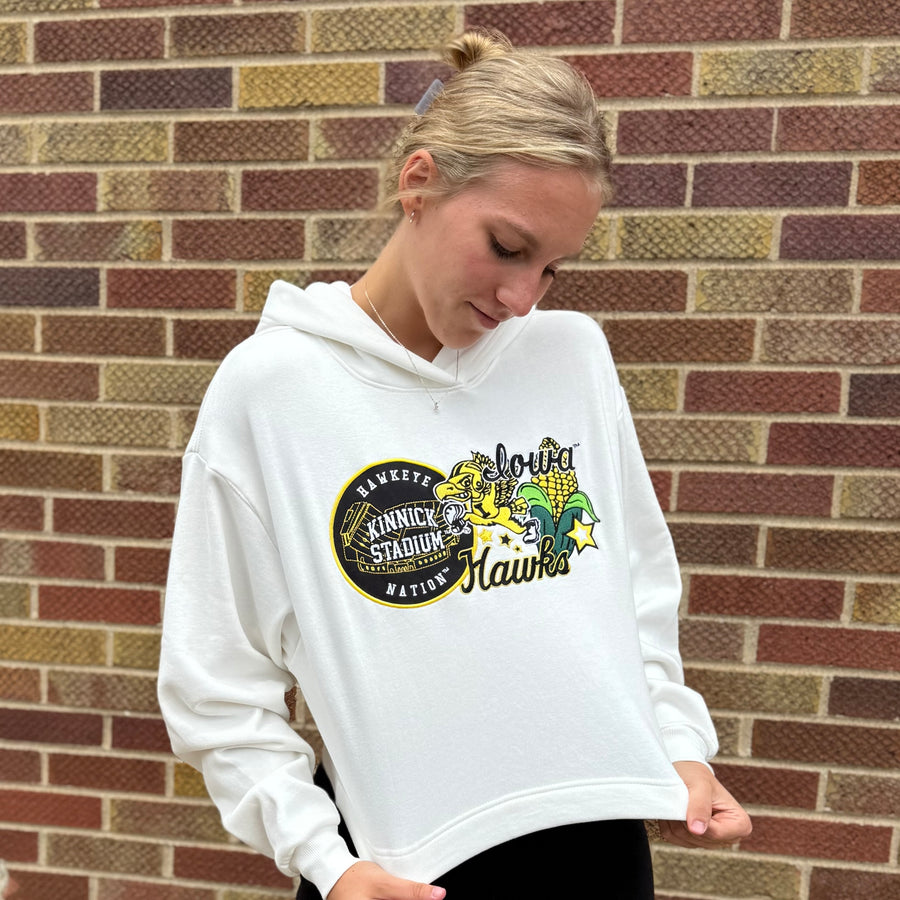 Iowa Layered Patch Luxe Cropped Hoodie