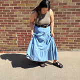 Denim Button Front Ruffle Hem Maxi Skirt