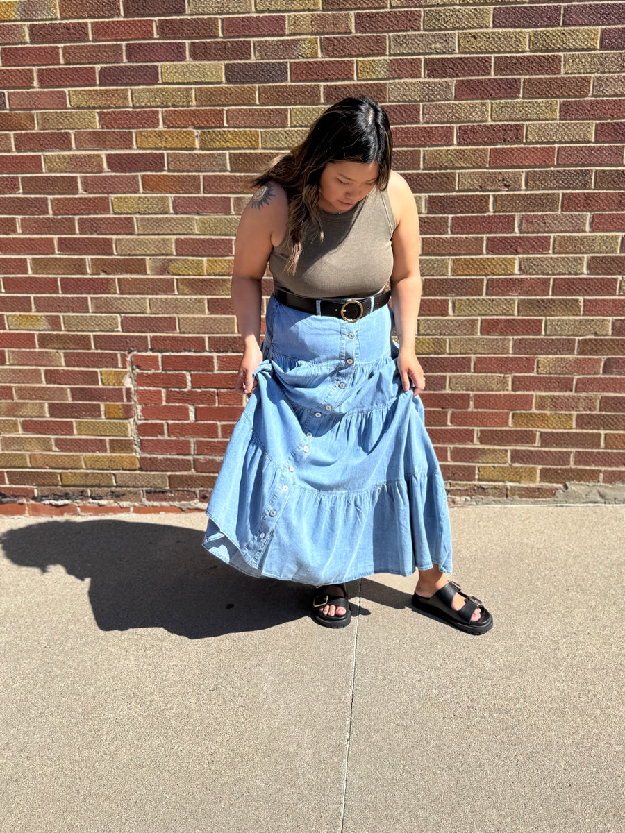 Denim Button Front Ruffle Hem Maxi Skirt