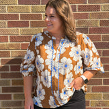 Plus Camel Floral Print 3/4 Sleeve Top