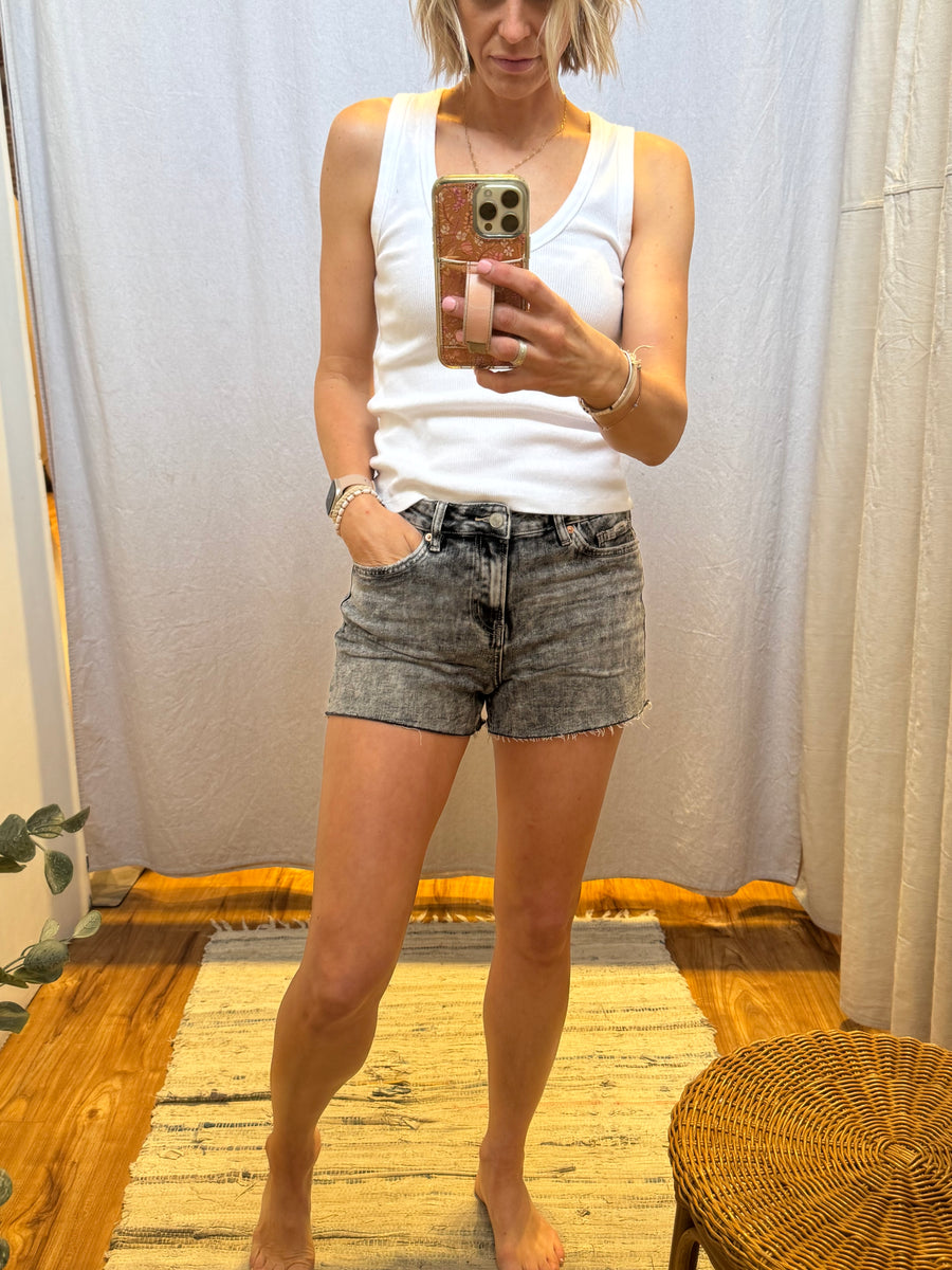 High Rise Distressed Mica Denim Shorts