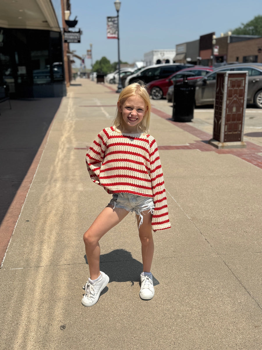 Girls Cropped Crocheted Knit Striped Top