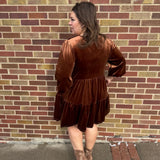Chicory Coffee Solid Velvet Long Sleeve Tiered Dress