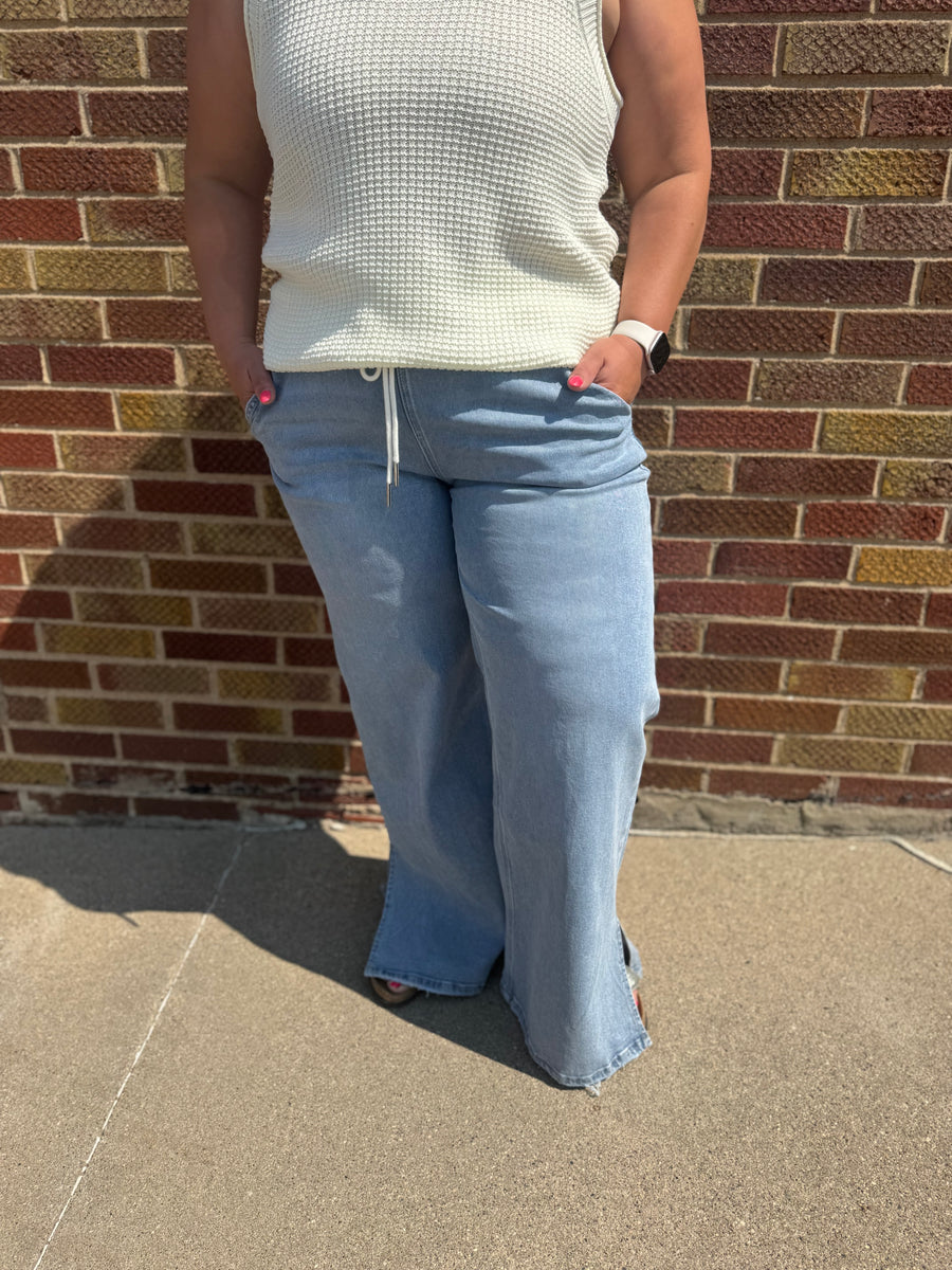 High Rise Drawstring Waistband Side Slit Wide Leg Vervet Jeans