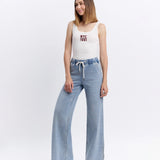 Plus High Rise Drawstring Waistband Side Slit Wide Leg Vervet Jeans