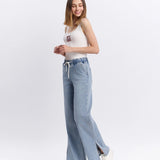 Plus High Rise Drawstring Waistband Side Slit Wide Leg Vervet Jeans
