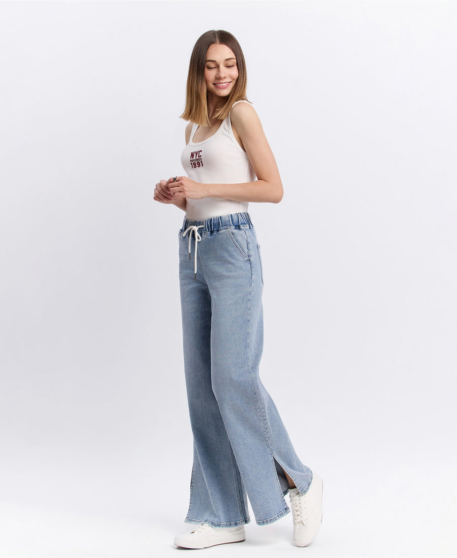 High Rise Drawstring Waistband Side Slit Wide Leg Vervet Jeans