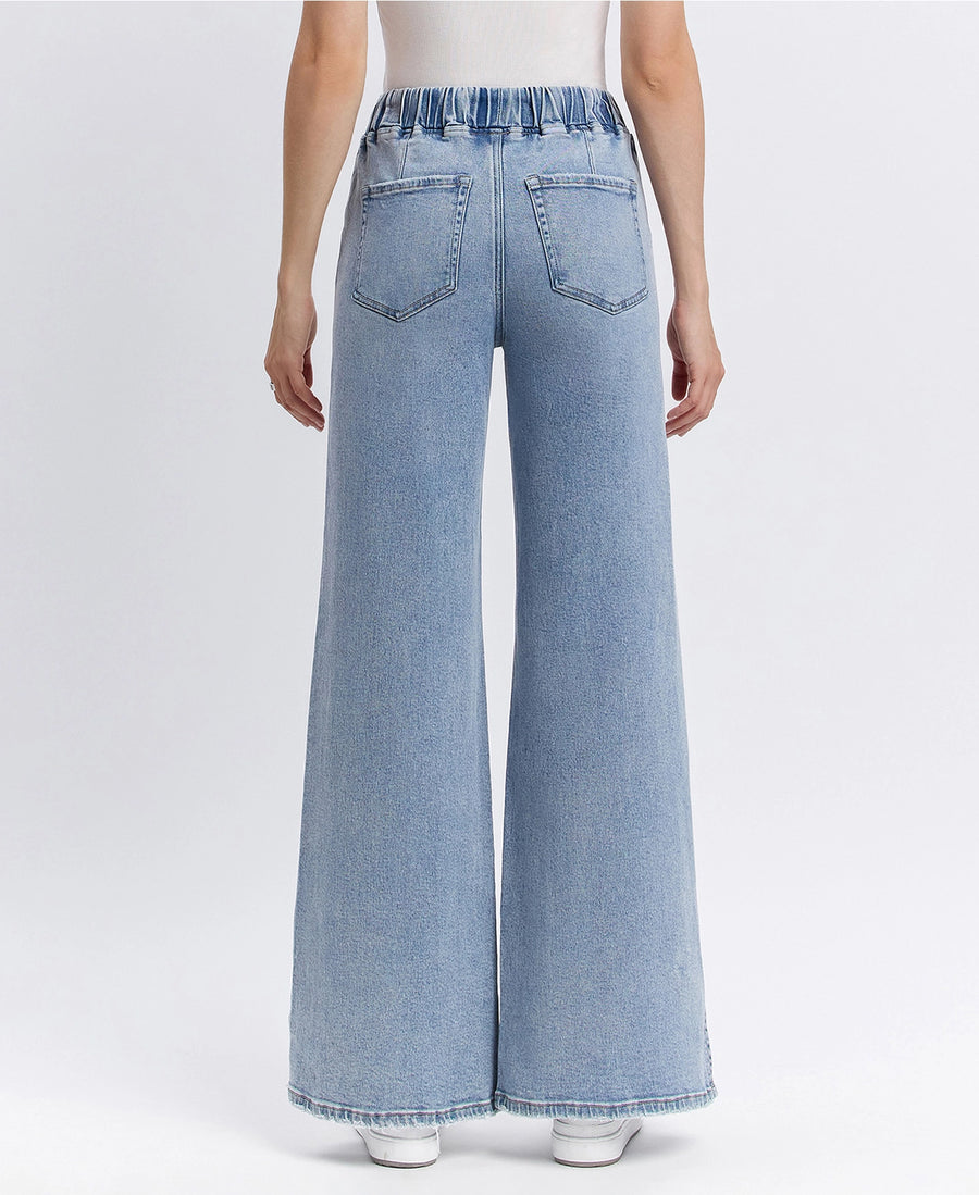 High Rise Drawstring Waistband Side Slit Wide Leg Vervet Jeans
