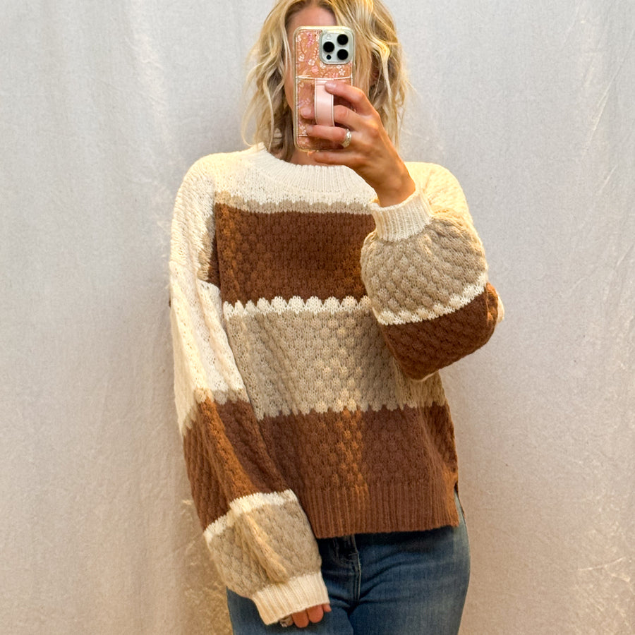 Striped Color Block Cable Knit Sweater