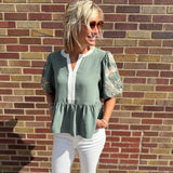 Solid Peplum Top w/Puff Embroidered Sleeve
