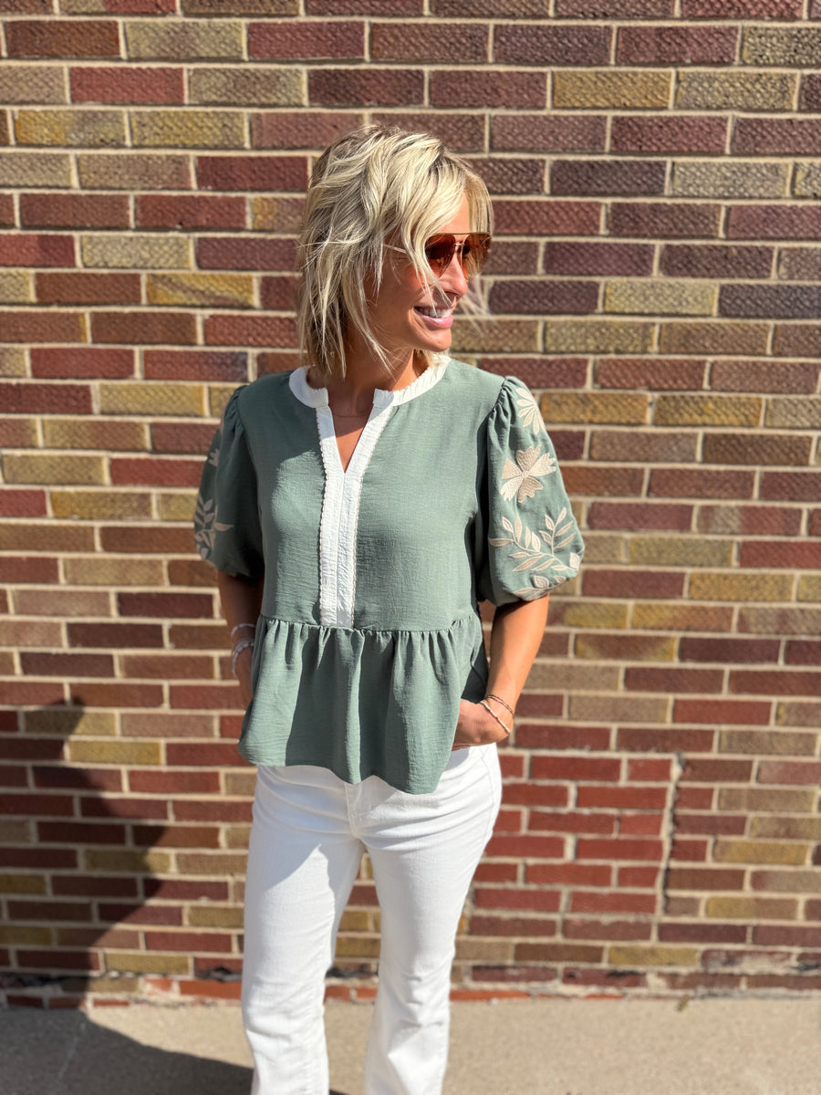 Solid Peplum Top w/Puff Embroidered Sleeve