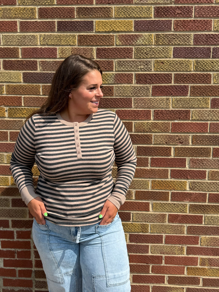 Stripe Button Up Long Sleeve Henley